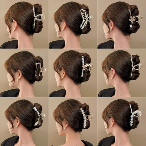 Elegant Women Metal Hair Claw Clips Alloy Geometric Butterfly Artificial Pearl Rhinestone Nonslip Hair Clamps French Hair Accessories
