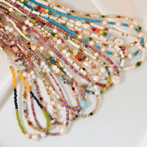 Collana Di Perline Fatta A Mano Con Perla Naturale D'acqua Dolce Pietra Di Cristallo Colorata Acciaio Inossidabile Stile Boho Estate Per Donna