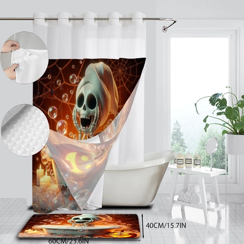 Halloween Shower Curtain And Bathroom Mat Polyester Waffle Fabric Waterproof Skeleton Pumpkin Decor Washable Festive