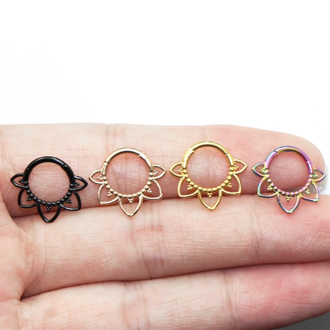 Anneau de Nez en Acier Inoxydable 316 Forme Fleur Piercing Septum Clicker Bijoux pour Femme Or Argent Noir Rose Gold