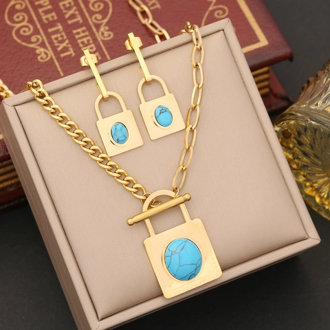 Stainless Steel Turquoise Padlock Pendant Necklace Bracelet Ring And Earrings Vintage Personality Jewelry For Women