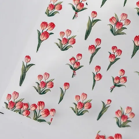 Nail Art Stickers 3D Relief Embossed Tulip Flower Lucky Letter Decals Self Adhesive Manicure Decoration Elegant