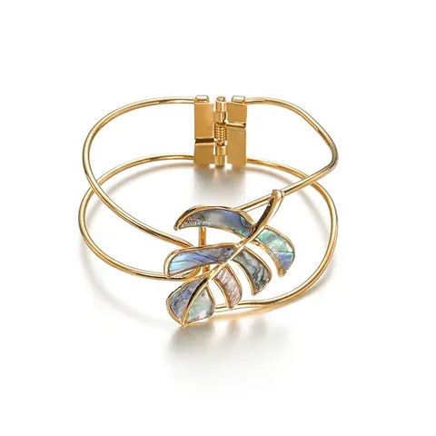 18K Gold Plated Stainless Steel Hollow Leaf Starfish Bangle With Natural Mother Of Pearl Inlay Bohemian Jewelry For Women