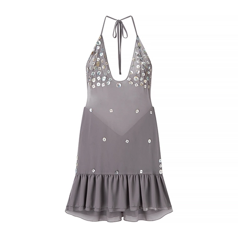 Dames Halter Rugloos Mini Jurk Diepe V-Hals Schelp Knop Decor Ruche Zoom Polyester Sexy Vakantie Feestkleding
