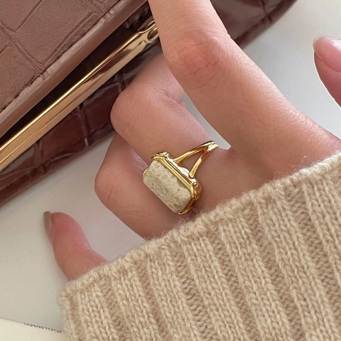 Vintage Ring 925 Sterlingsilber Rechteckiger Marmorstein Verstellbar 18K Vergoldet Minimalistisch Chic Fingerschmuck