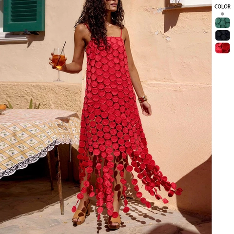 Abito Da Donna Senza Maniche Con Spalline Sottili Svuotato Patch Circolare Nappa Orlo Irregolare Stile Vacanza Sexy Tinta Unita