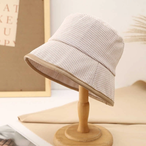 Women Bucket Hat Knitted Plaid Woven Sunshade Fisherman Cap With Leather Edging Japanese Style Wide Brim Elegant