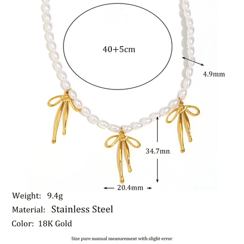 Butterfly Bow Pendant Necklace Stainless Steel 18K Gold Plated Imitation Artificial Pearl Elegant Fashion For Women