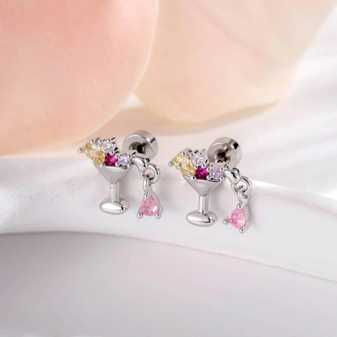 Cocktailglas Piercing Oorbel Titaniumstaal Met Zirconia Druppelhanger Fruitbeker Martini Stud Sieraden Voor Dames