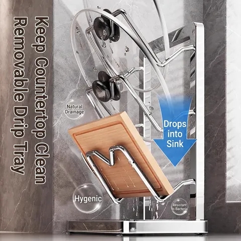 Stainless Steel Pot Lid Holder And Cutting Board Rack Multi Layer Kitchen Organizer With Removable 304 Drip Tray Suction Cups