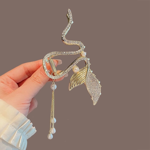 Haarklammer Meerjungfrau Schwanz Große Metall Haarkrebs Mit Strass Künstliche Perlen Quasten Elegante Haar Accessoires Damen