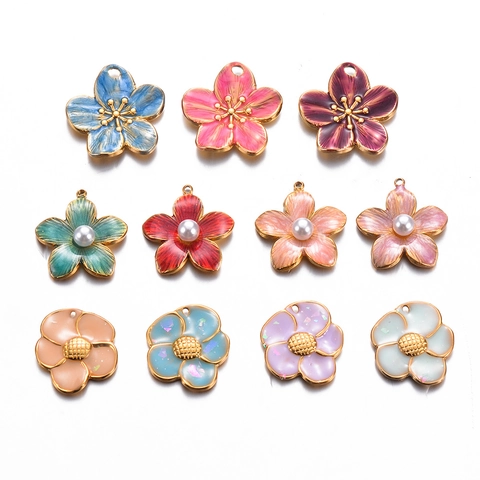 Flower Charms Stainless Steel Enamel Cherry Blossom Pendants With Faux Artificial Pearl For DIY Jewelry Making Accessories