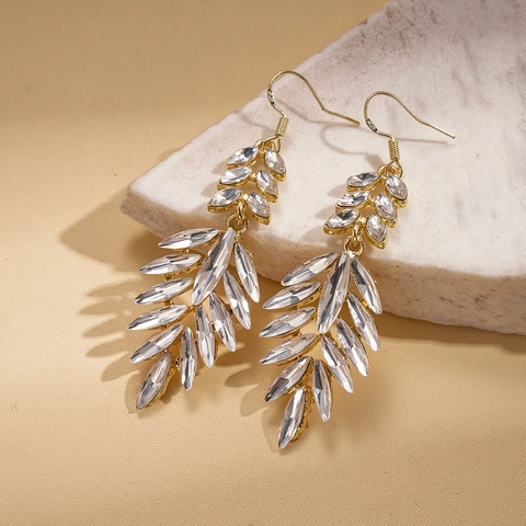 Leaf Drop Earrings With Silver Earring Post Alloy Rhinestone Elegant Marquise Crystal Dangle Jewelry For Women