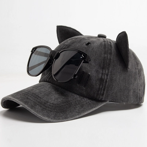 Washed Cotton Baseball Cap Mit Süßen Katzenohren Und Integrierter Brille Retro Sonnenschutz Street Style Hut Erwachsene
