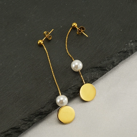 Pendientes Colgantes Elegantes Acero Inoxidable Chapado En Oro 18K Cadena Larga Disco Redondo Perla Artificial Joyería Retro Minimalista Para Mujer