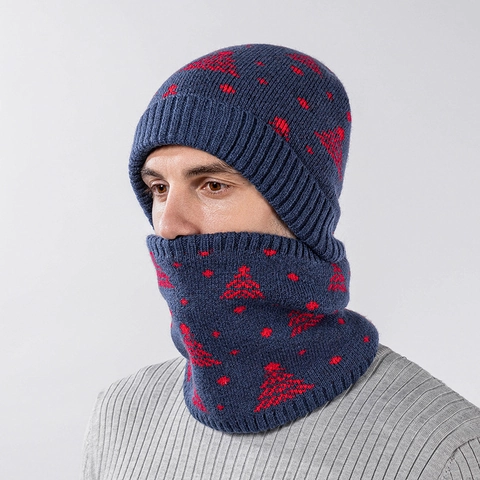 Winter Knitted Beanie And Neck Warmer Acrylic Fleece Lined Warm Cedar Pine Tree Pattern Christmas Outdoor Adult