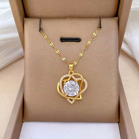 Collar Con Colgante De Doble Corazón Color Dorado Cadena De Acero De Titanio Circonita Incrustada Cristal Joyería Elegante