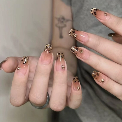 Unghie Finte A Pressione Maculato Forma A Bara French Tip Sfumato Design Con Strass Plastica ABS Per Donne