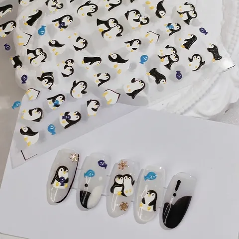Autocollants Art Des Ongles Pingouin 3D Relief Auto Adhésif Dessin Animé Poisson Flocon De Neige Kawaii Décor Manucure