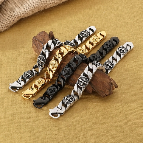 Pulsera De Cadena Cubana Gótica Retro Acero Inoxidable Cruz Ancla Insignias Relieve Joyas Punk Para Hombres