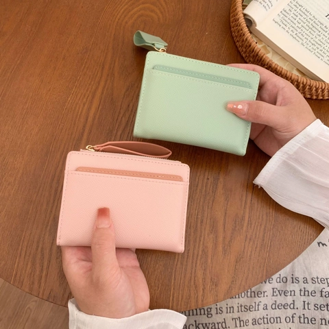 Portefeuille Court À Fermeture Éclair Pour Femmes En Cuir PU Porte-Cartes Avec Dragonne Sac À Main Minimaliste