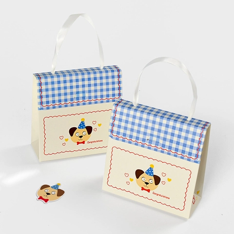 Cute Cartoon Gift Bags Cardboard Paper With Satin Ribbon Handle Gingham Flap For Party Wedding Candy Baking Small Fresh Style
