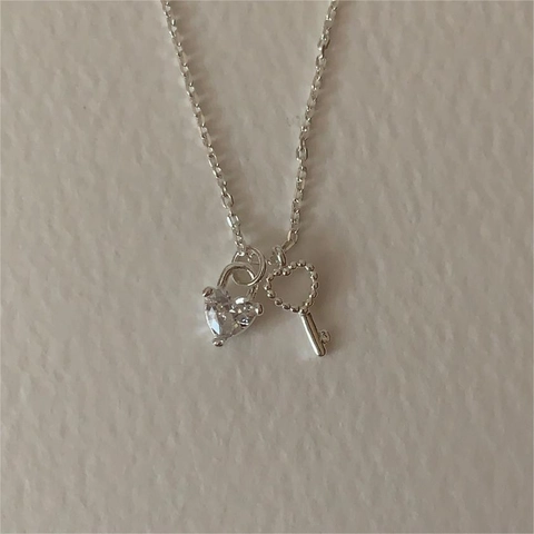 925 Sterling Silver Heart Lock And Key Pendant Necklace With Cubic Zirconia Simple Korean Style For Women