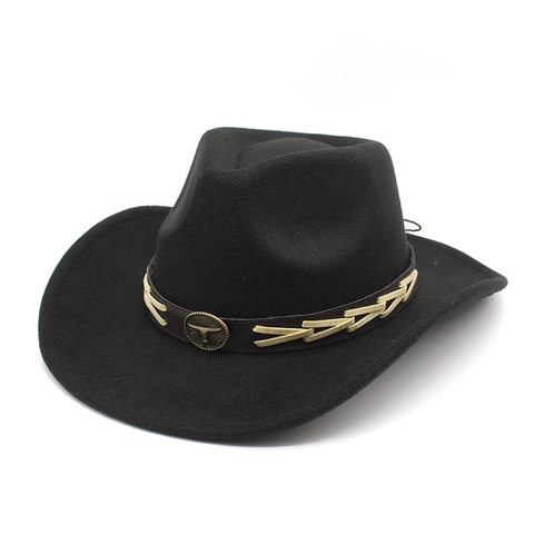 Western Cowboy Hat Polyester Felt Wide Brim Fedora With Bull Head Metal Medallion Retro Ethnic Style For Men And Women