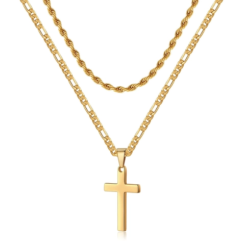 Double Layer Cross Pendant Necklace Stainless Steel Twine Figaro Chain Hip Hop Punk Style Jewelry For Men Women