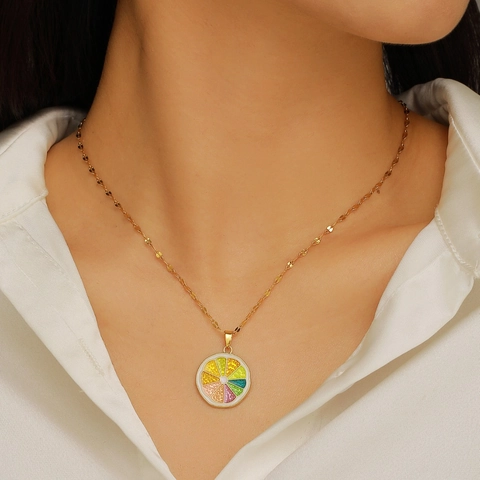 Edelstahl Bunte Emaille Fruchtanhänger Halskette Rund Regenbogen Sommer Mode Schmuck Für Damen