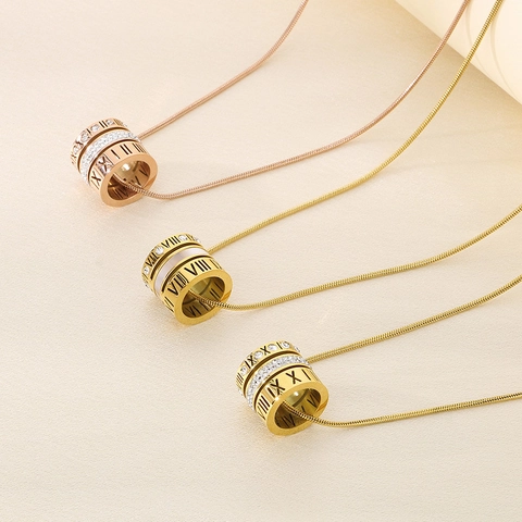 Roman Numeral Cylindrical Pendant Necklace Stainless Steel Hollow Out Rhinestone Shell Inlaid Snake Chain Jewelry Women
