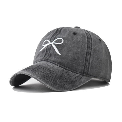 Vintage Washed Cotton Baseball Cap Bow Embroidery Distressed Sun Hat Adjustable Outdoor Retro Fashion Women