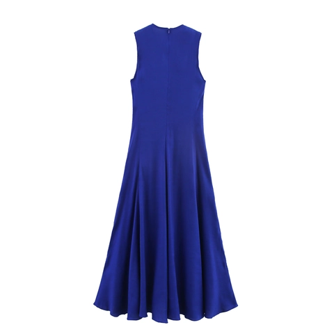 Elegant Sleeveless Maxi Dress Linen Blend Solid Color Round Neck Back Zipper High Waist A-Line Long Dress For Women Minimalist