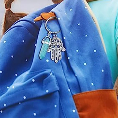 Hamsa Hand Böser Blick Schlüsselanhänger Naturstein Kristall Sechseckige Säule Anhänger Vintage Legierung Heilung Anhänger