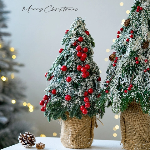 Mini Christmas Tree Tabletop Decor Artificial Flocked Cedar With Red Berries Pinecones And Burlap Base Winter Festive Ornament