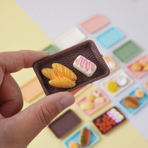 Miniature Dollhouse Rectangular Trays Woven Texture Plastic Tiny Kitchen Tableware Food Play Toys For Decor