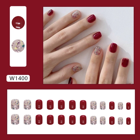 Uñas Postizas Cortas Cuadradas Color Rojo Vino Retro Purpurina Elegantes Uñas Artificiales Accesorio Manicura Para Mujeres