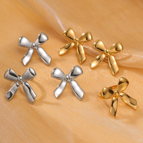 Minimalist Stainless Steel Bowknot Stud Earrings And Adjustable Opening Ring Gold Silver Plated Fashion Jewelry For Women