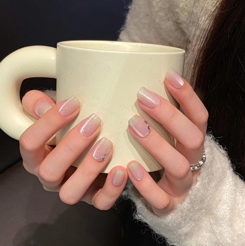 Handmade UV Gel Press On Nails Nude Pink Green Gradient Cat Eye Shimmer Rhinestone Reusable False Nails For Women