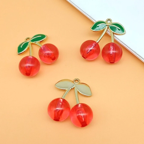 Cherry Fruit Shape DIY Charm Alloy And Resin Pendant For Jewelry Making Earrings Necklace Accessories Cute Enamel