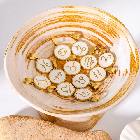 Tierkreiszeichen Anhänger Edelstahl Natur Perlmutt 18K Vergoldet Rund Halskette Charms Für DIY Schmuckherstellung