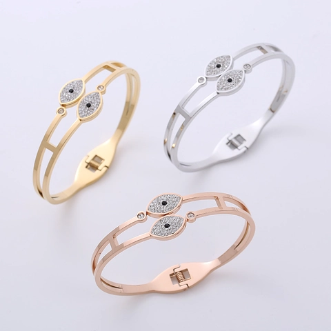 Bracciale Rigido Malocchio Acciaio Inossidabile 304 Doppia Fila Pavé Zirconia Cerniera Per Donne Gioielli Moda