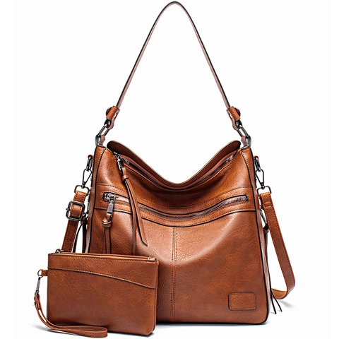 Women Large Capacity PU Leather Tote Bag And Pouch Multi Zipper Pockets Tassel Retro Shoulder Crossbody Handbag
