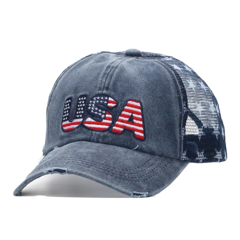 Casquette Trucker USA Distressed Coton Lavé Mesh Baseball Vintage Visière Solaire Réglable Couvre-chef De Plein Air Hommes
