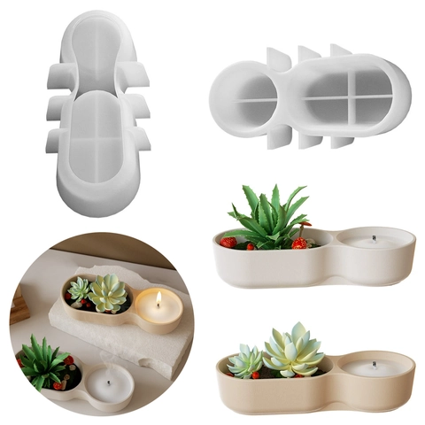 Stampo Silicone DIY Tazza Candela Aromaterapia Doppia Cavità Ovale Fioriera Succulente Vaso Fiori Ornamento Gesso