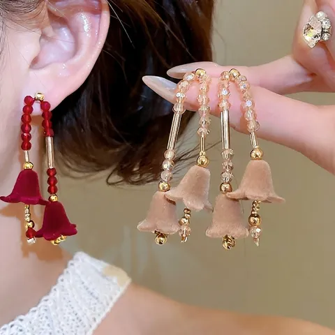 Vintage Lange Quasten Blumen Ohrhänger Mit Beflockten Samt Kristallperlen Und Silbernem Ohrstecker Elegante Nischenschmuck