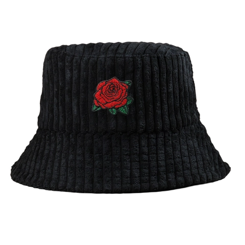 Sombrero De Pescador De Pana De Rayas Anchas Con Bordado De Flores De Rosa Invierno Cálido Vintage Mujer