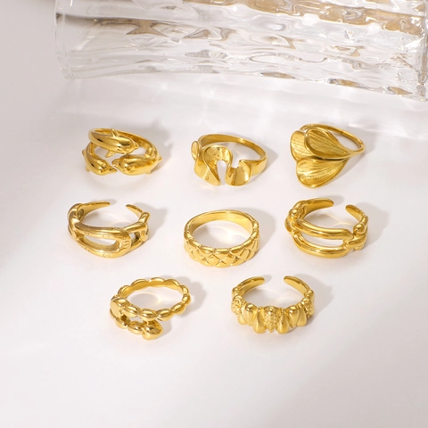 Gold Plated Stainless Steel Rings Wave Heart Dolphin Geometric Texture Vintage Ins Style Fashion Jewelry For Women