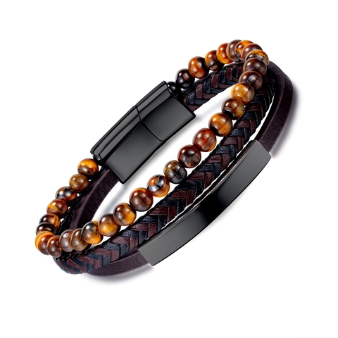 Bracciale in Pelle Intrecciata Multistrato da Uomo Vintage con Perline in Pietra Occhio di Tigre e Chiusura Magnetica Gioielli