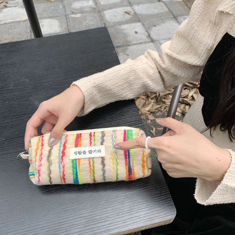 Knitted Colorful Stripe Makeup Bag Portable Cotton Fabric Cosmetic Organizer Zipper Pouch Travel Toiletry Case For Women